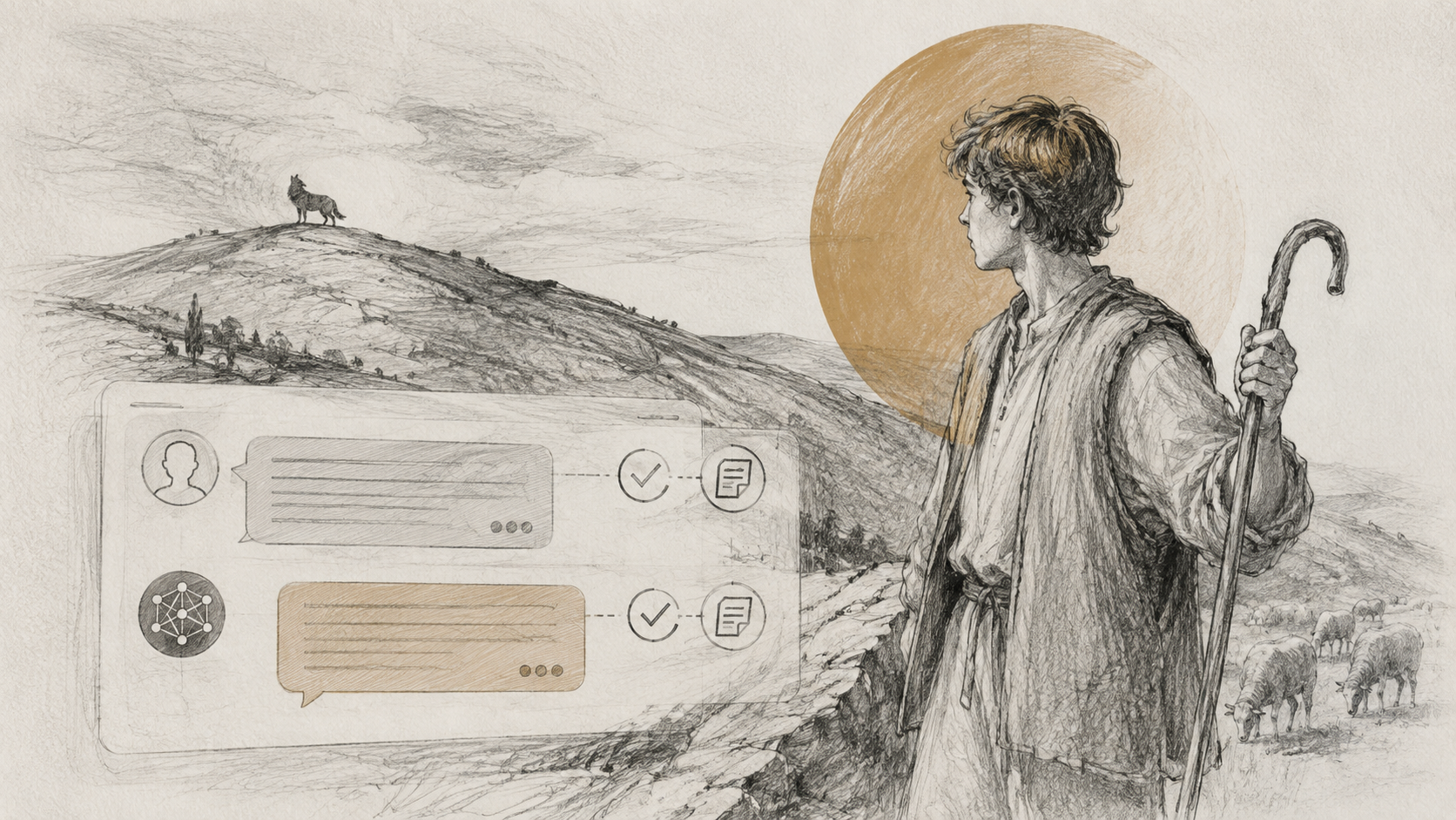 Illustration of a shepherd boy and a wolf, paired with an AI chat interface, representing credibility in the age of AI search